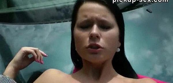  Amateur brunette Eurobabe Mia pounded in public for money